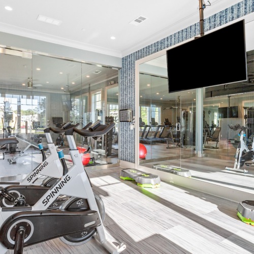 Large fitness center with large windows and plenty of equipment